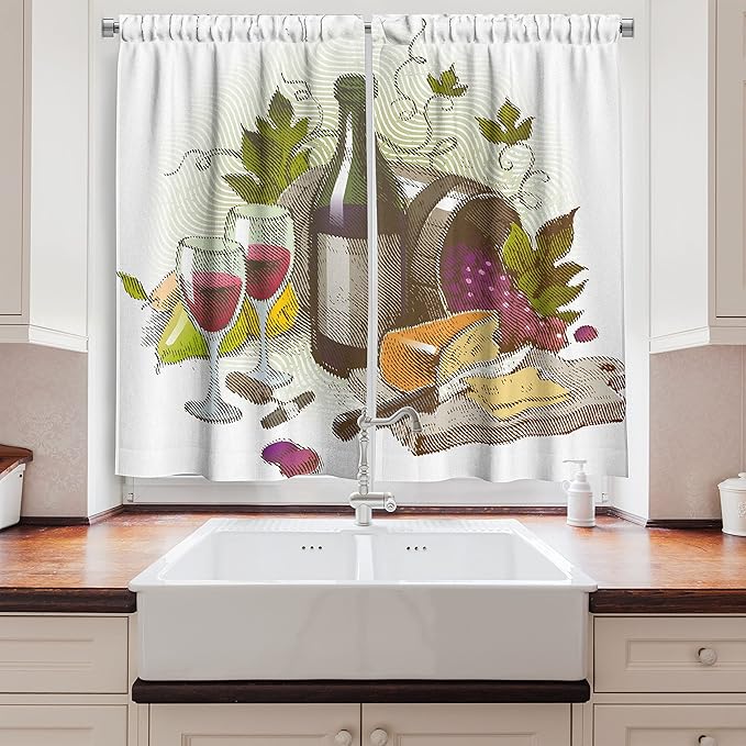 Ambesonne Wine Kitchen Curtains, Vintage Style Composition with Wine and Cheese Fruits Gourmet Taste Beverage and Food, Window Drapes 2 Panel Set for Kitchen Cafe Decor, 55" x 39", Multicolor