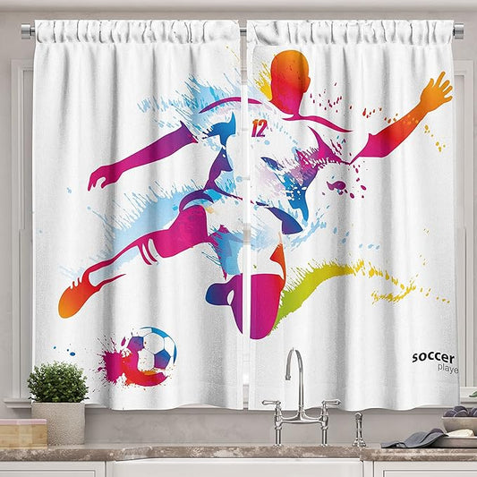 Ambesonne Sports Kitchen Curtains, Soccer Proffesional Player Kicks Ball Watercolor Style Spray Championship Image, Window Drapes 2 Panel Set for Kitchen Cafe Decor, 55" x 39", Orange Magenta