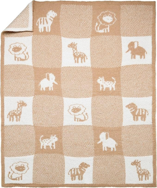 Soft Chenille Jacquard Baby Blanket, Jungle Animals, 30 in. x 40 in., Tan and Beige Patchwork