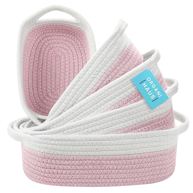 OrganiHaus Set of 5 Rectangle Bathroom Storage Baskets for Organizing, Small Woven Baskets for Storage Basket for Bathroom, Nursery Storage Basket for Baby Nursery Organization, Cute Bins, Pink/White