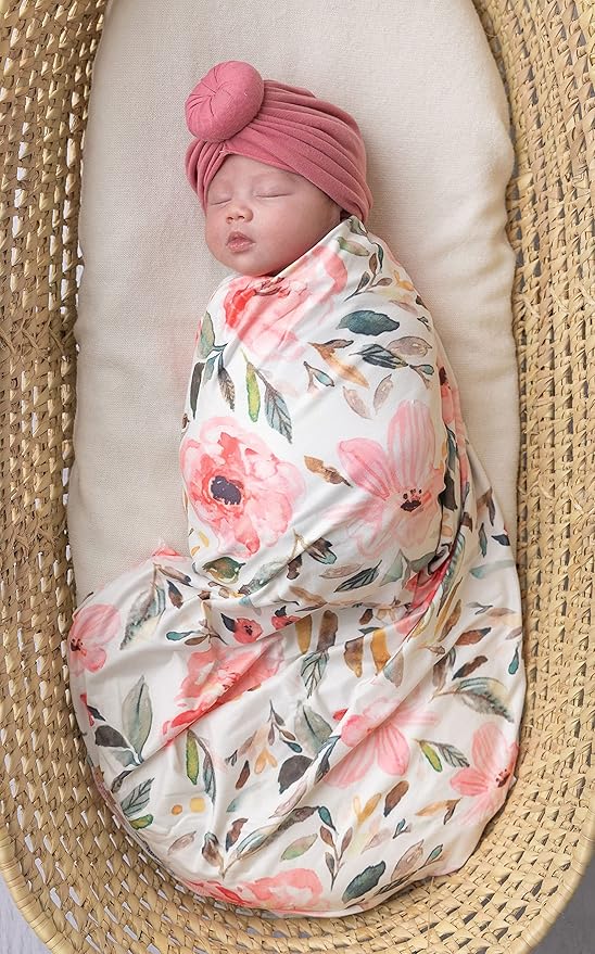 Baby Receiving Blanket Swaddle Blanket Newborn Wrap Swaddle Headband Set -Bloom Flower Pattern (Pink 1)