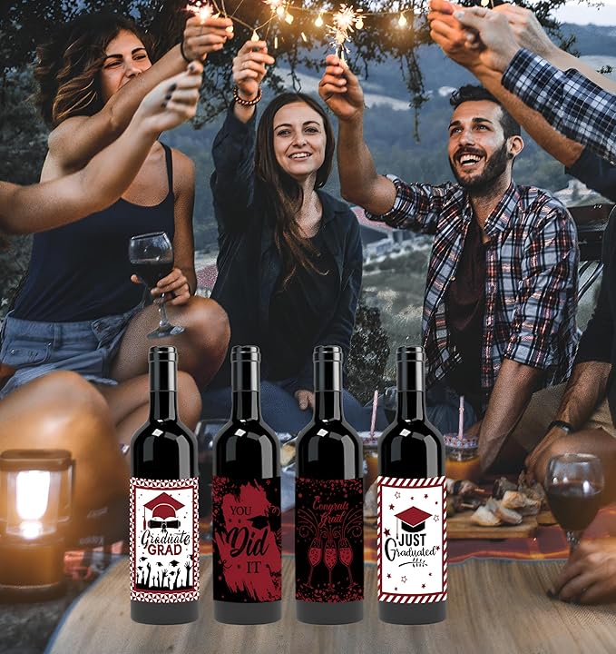 24Pcs Graduation Gift Wine Labels Congrats Grad Wine Bottle Stickers Graduation Party Waterproof Wine Bottle Decoration Cover for College Congrats Graduation Party Decorations, 4 Design