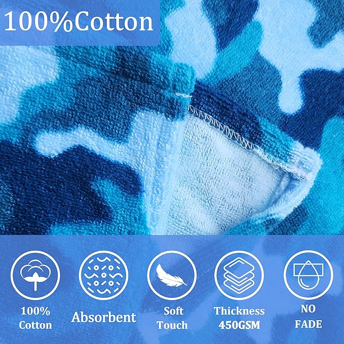 VOOVA & MOVAS Toddler Towels Robe, 4-8 Years, 100% Cotton Poncho Towel, Absorbent Thick Hooded Towel Dress for Boys | Girls,Surf Poncho for Pool | Beach | Bath | Swim, Blue Camo