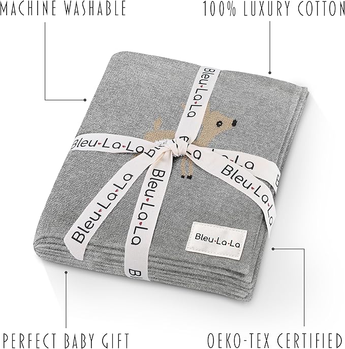Knit Baby Swaddle Blanket - 100% Cotton Soft Cozy Receiving Swaddling Crib Stroller Quilt Blanket for Shower Gift Registry for Newborns, Infants, Toddlers, Unisex (Deer - Grey)