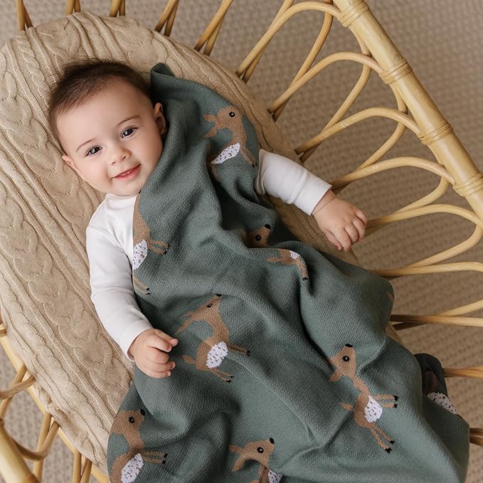 Knit Baby Swaddling Blanket - 100% Cotton Lightweight Soft Cozy Receiving Swaddle Crib Stroller Quilt Blanket for Shower Gift Registry for Newborns, Infants, Toddlers (Deer - Mocha)