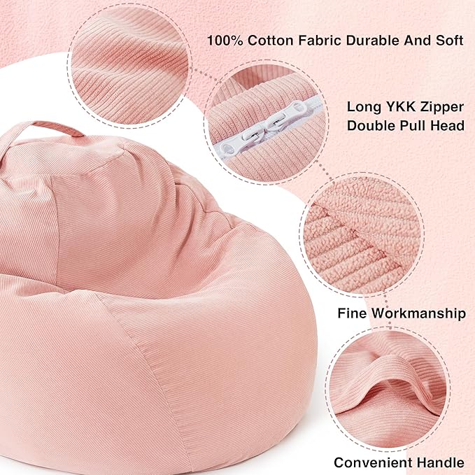 Stuffed Animal Storage Kids Bean Bag Chair Cover (No Filler) Washable Ultra Soft Corduroy Pink Bean Bag Cover for Organizing Plush Toys or Textile, Sack Bean Bag for Adults, Teens (2XL)