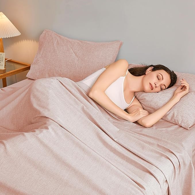 Full Sheets Light Pink, Ultral Soft Cationic Linen Look Sheets, Luxury Cooling Cozy Bed Sheet Set with Non-Slip Fitted Sheet
