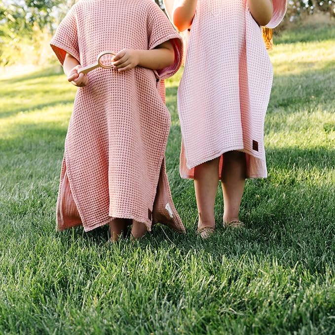 Hooded Towel for Kids | Snaps into a Poncho | Organic Cotton Waffle | Lightweight and Absorbent | Bath, Beach, and Pool | Multiple Colors | (Medium (3-6 Yrs), Cherry Blossom)