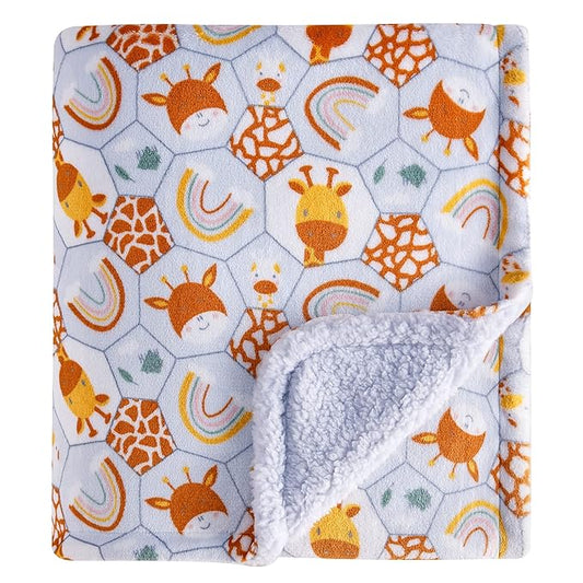 DaysU Plush Flannel Sherpa Baby Blanket for Girls Boys, Portable Reversible Soft Micro Fleece Baby Crib Throw Blanket with Animal Print for Newborn and Nursery, Giraffe, 30"x40"