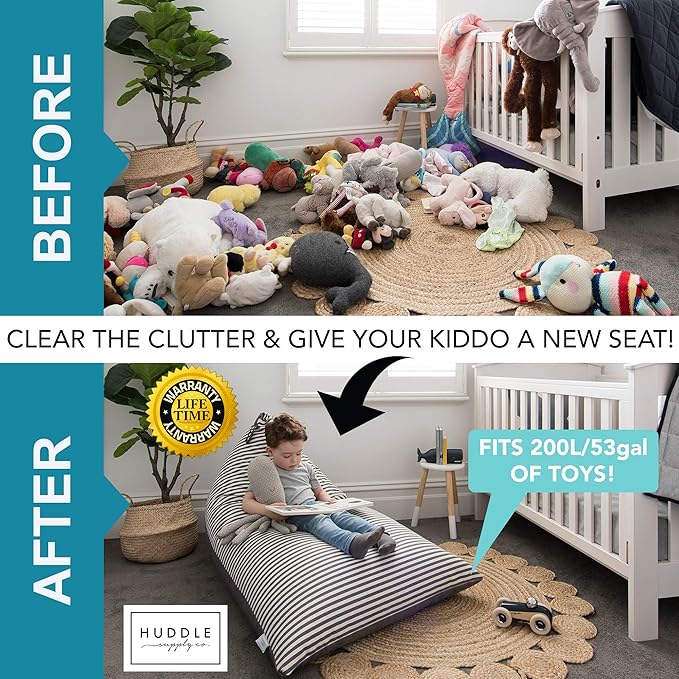 HUDDLE Original Stuffed Animal Bean Bag Storage Extra Large Designer Beanbag Chairs for Kids Teens & Adults | Instant Clutter Clear for Stylish Moms - Stuffed Animal Storage Bean Bag Chair Grey Stripe