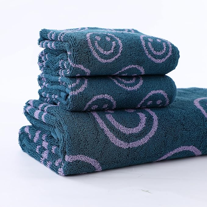 Luxury Cute Smiling Face Purple Green Bath Towel Sets for Bathroom, 1 Bath Towels 2 Hand Towels Washcloths 100% Cotton Ultra Soft Highly Absorbent for Women Kids Girl Boy Face Body