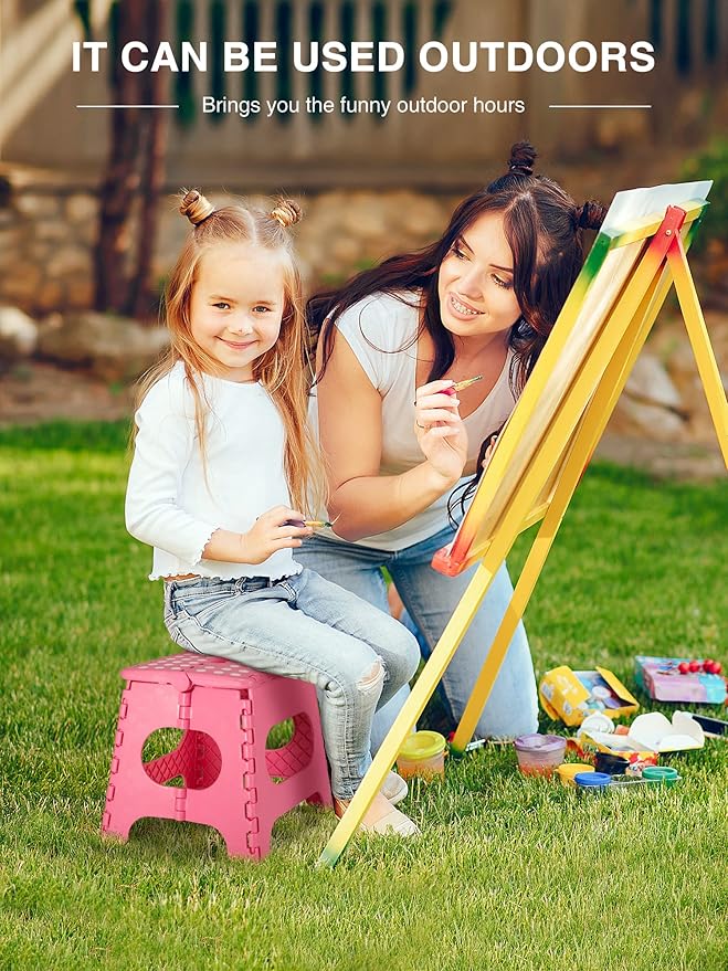 Folding Step Stool 11", Durable Kids Step Stool, Heavy Duty Step Stools for Adults, Compact Foot Stools, Light-Weight Toddler Step Stool for Kitchen, Bathroom, Holds Up to 300 lbs (Pink)