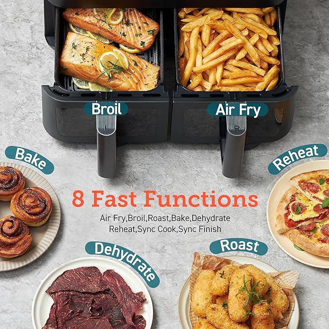 COSORI 9Qt 8-in-1 Dual Air Fryer, Multi-dish Cooking at Once for Family and Couple with Double Baskets, Bake, Roast, Reheat, Broil, Dry & 130 Recipes for Easy and Crispy Meals, Dishwasher Safe