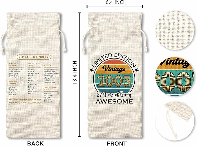 Disfuco 21st Birthday Wine Gift Bag, 2003 Birthday Gift Wine Bag, Burlap Wine Bottle Cover Bag For Women Men, Friends, Daughter, Son, Newphew, Niece, 1 Pc (B01)