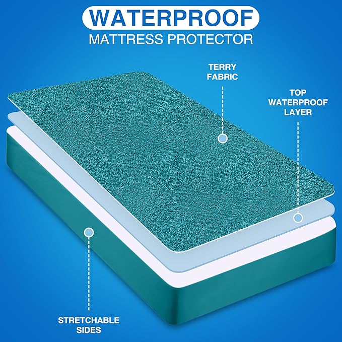 Utopia Bedding Waterproof Mattress Protector Queen Size, Premium Terry Mattress Cover 200 GSM, Breathable, Fitted Style with Stretchable Pockets (Denim)