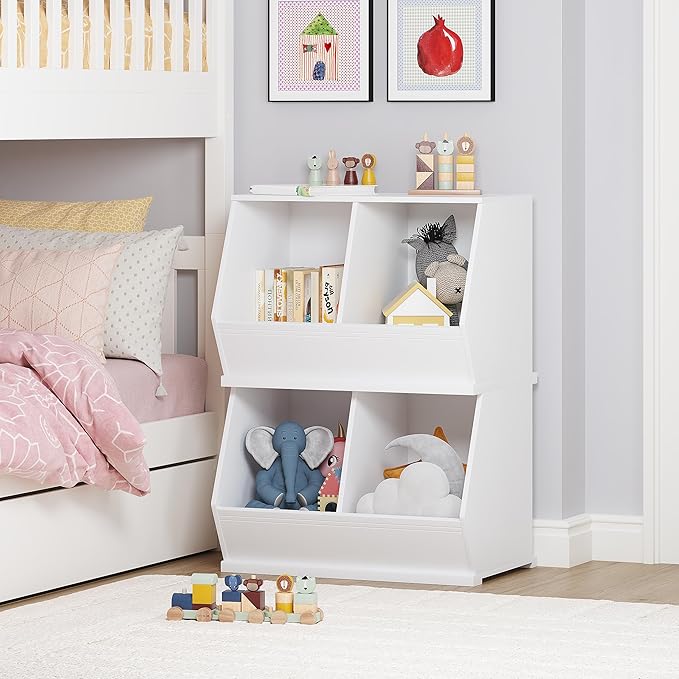 UTEX Toy Storage Organizer for Kids, Stackable Toy Storage Cabinet, Wooden Cubby Toy Organizer, White Toy Shelf for Playroom, Bedroom, Living room, Nursery, 2 Cubes