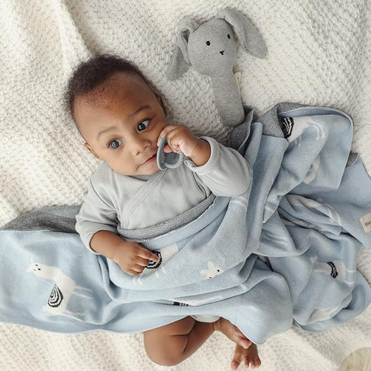Baby Receiving Swaddle Stroller Blanket - 100% Fine Loomed Cotton Cozy Cuddle Crib Stroller Unisex Quilt Knit Blanket for Newborns Infants Toddler Boys and Girls (Llama - Baby Blue)