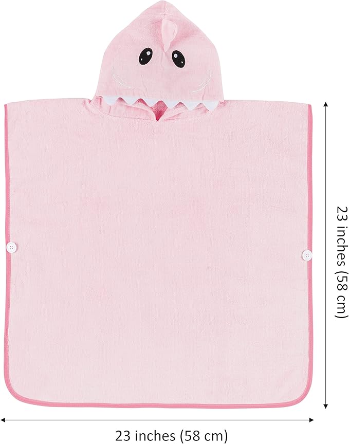 Premium Hooded Towel Poncho for Kids & Toddler - 100% Cotton (Pink Shark)