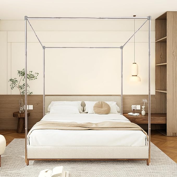 Canopy Bed Frame Queen Size Stainless Steel Canopy Poles for Bed, Canopy Bed Curtains Queen Bed Canopies & Drapes for 4 Corner Metal Bed Wood Bed Bedroom Decor