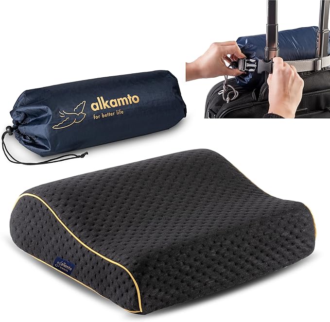 Travel & Camping Comfortable Memory Foam Pillow – Easy to Carry Portable Bag – Temperature Regulating Pillow Case (Black Contour)
