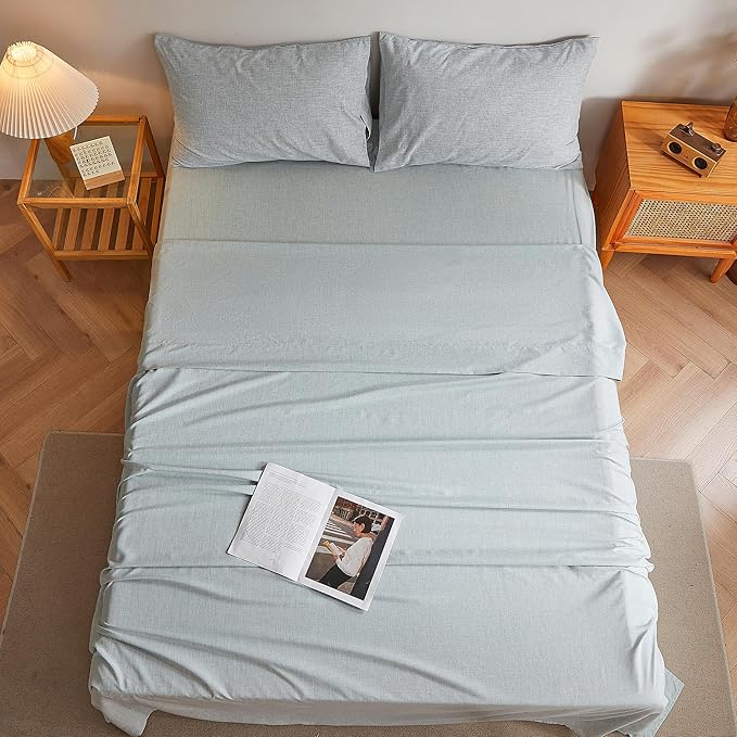 King Sheets Blue, Ultral Soft Cationic Linen Look Sheets, Luxury Cooling Cozy Bed Sheet Set with Non-Slip Fitted Sheet