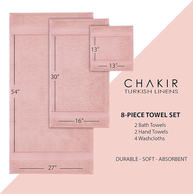 Chakir Turkish Linens | Hotel & Spa Quality 100% Cotton Premium Turkish Towels | Soft & Absorbent (8-Piece Towel Sets, Pink)