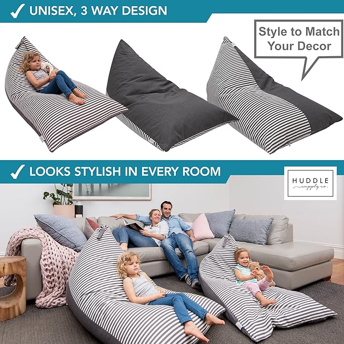 HUDDLE Original Stuffed Animal Bean Bag Storage Extra Large Designer Beanbag Chairs for Kids Teens & Adults | Instant Clutter Clear for Stylish Moms - Stuffed Animal Storage Bean Bag Chair Grey Stripe