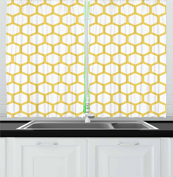 Ambesonne Yellow and White Kitchen Curtains, Hexagonal Pattern Honeycomb Beehive Simplistic Geometrical Monochrome, Window Drapes 2 Panel Set for Kitchen Cafe Decor, 55" x 24", White Yellow