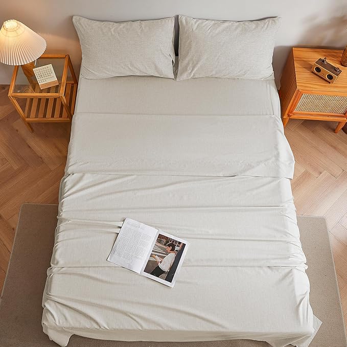Queen Sheets Khaki, Ultral Soft Cationic Linen Look Sheets, Luxury Cooling Cozy Bed Sheet Set with Non-Slip Fitted Sheet