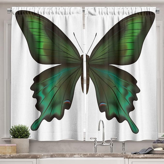 Ambesonne Swallowtail Butterfly Kitchen Curtains, Realistic Exotic Wildlife Creature in Green Tones, Window Drapes 2 Panel Set for Kitchen Cafe Decor, 55" x 39", Olive Green