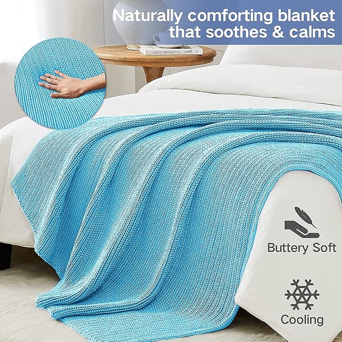 Knitted Weighted Blanket(Blue 60"x80" 15lbs),Home Décor Cooling Throw Blanket for Hot Sleepers,Hand Made Chunky Knit Heavy Blanket for Adults Use on Queen/King Size Bed