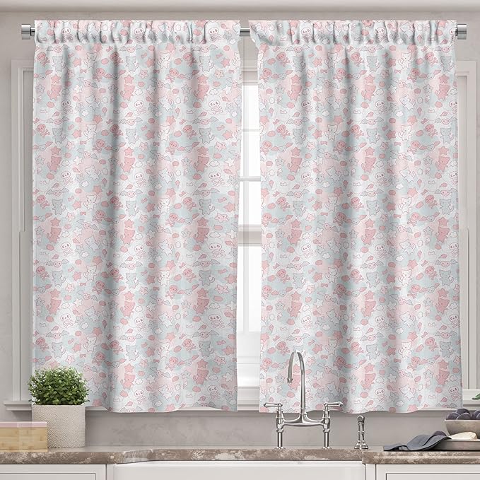 Ambesonne Cartoon Valance & Tier Curtain 3 pcs Set, Styled Cats Bats and Skulls Japanese Inspired Kawaii Design, Window Treatments for Kitchen Room Decor, 55" x 36", Pale Pink