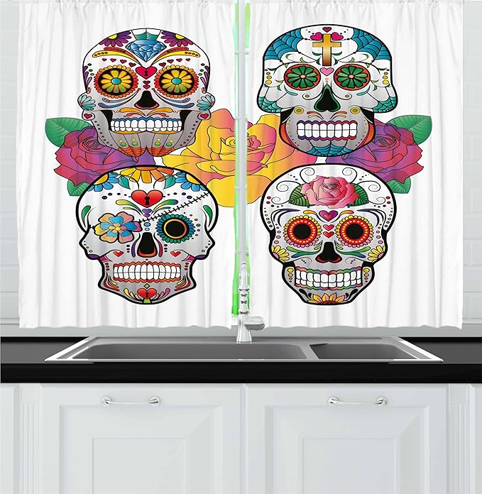 Ambesonne Sugar Skull Kitchen Curtains, Different Types of Skulls Rich and Colorful Ornaments Roses Border Carnival, Window Drapes 2 Panel Set for Kitchen Cafe Decor, 55" x 30", Rainbow