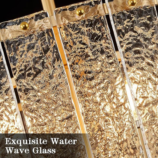 Modern Glass Chandelier Gold Drum Chandelier Light Fixture Round 24in Dining Room Chandelier Lighting 8 Light Ripple Glass Chandelier for Living Room Bedroom Entry Foyer