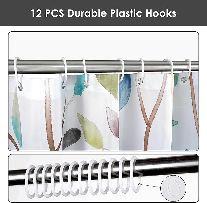 Boho Sage Green Floral Shower Curtain, Spring Summer Colorful Botanical Flower Leaves Bohemian Fabric Shower Curtain Set with 12 Hooks, Bathroom Accessories Decor Cloth Curtain 72x72 Inches