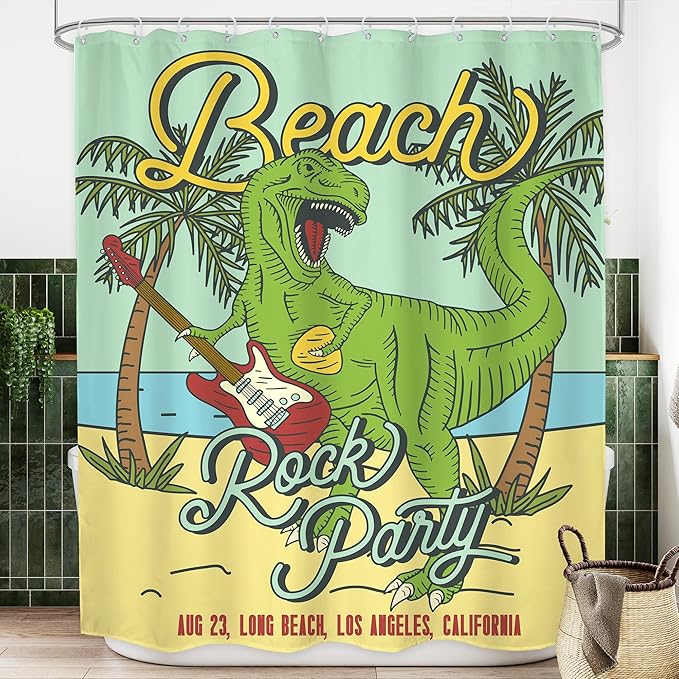 LGhtyro Funny Dinosaur Kids Shower Curtain Bathroom Set 60Wx71H Inches Beach Green Cartoon Dino Trex Animal Raptor Play Guitar Bath Accessories Tropical Palm Tree Art Home Decor Fabric 12 Pack Hooks