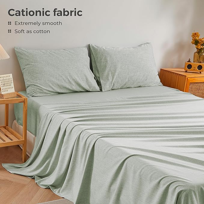 Twin Sheets Sage Green, Ultral Soft Cationic Linen Look Sheets, Luxury Cooling Cozy Bed Sheet Set with Non-Slip Fitted Sheet
