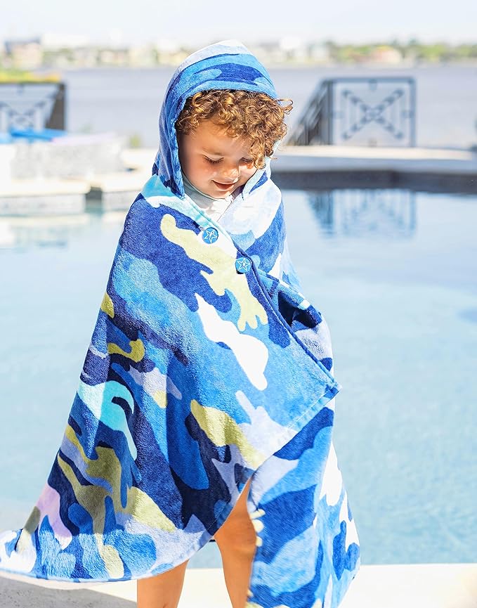 Kids Hooded Beach Towel Swimsuit Cover-up Wrap with Buttons (Blue Camo, One Size)