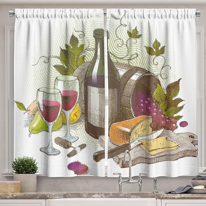 Ambesonne Wine Kitchen Curtains, Vintage Style Composition with Wine and Cheese Fruits Gourmet Taste Beverage and Food, Window Drapes 2 Panel Set for Kitchen Cafe Decor, 55" x 39", Multicolor