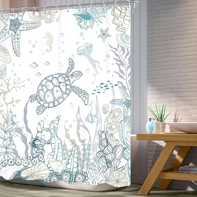 Nautical Coastal Sea Turtle Shower Curtain Ocean Beach Starfish Seashell Coral Underwater Animal Octopus Sealife Summer 60Wx72L Inch Bathroom Set Bath Curtain Bathtub Accessories Home Decor
