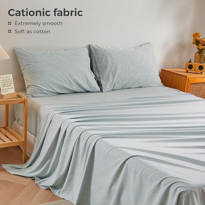 King Sheets Blue, Ultral Soft Cationic Linen Look Sheets, Luxury Cooling Cozy Bed Sheet Set with Non-Slip Fitted Sheet