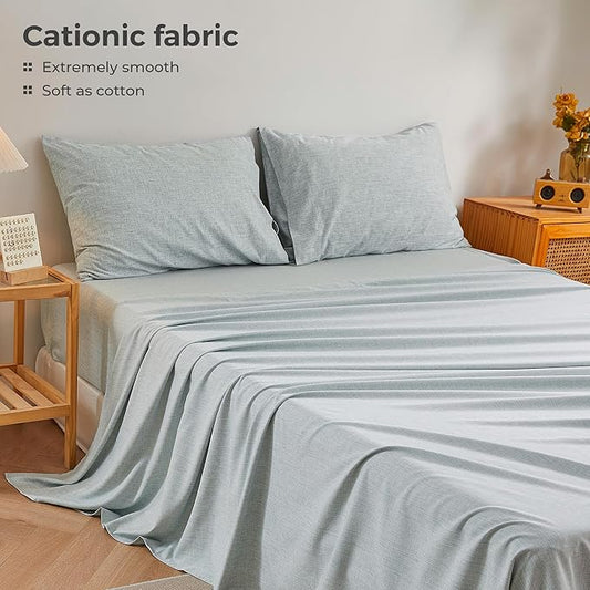 Queen Sheets Blue, Ultral Soft Cationic Linen Look Sheets, Luxury Cooling Cozy Bed Sheet Set with Non-Slip Fitted Sheet