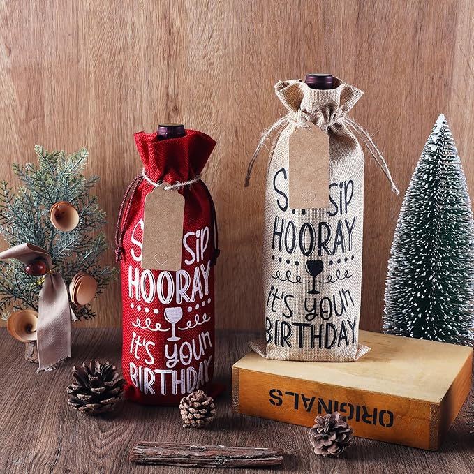 SIRIPHUM Burlap Wine Bags,2PCS Birthday Wine Bottle Gift Bags,Drawstring,Gift Tags,Bottle Cover Tabletop Birthday Party Decor (“Sip Sip Hooray”-Red)
