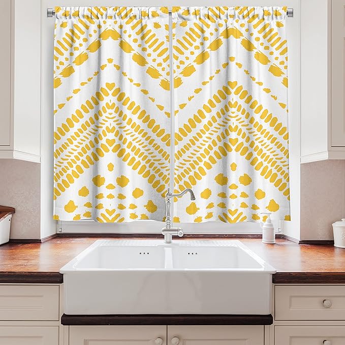 Ambesonne Yellow Chevron Kitchen Curtains, Hand Drawn Aztec Pattern Motif with Dashed Lines, Window Drapes 2 Panel Set for Kitchen Cafe Decor, 55" x 39", Mustard White