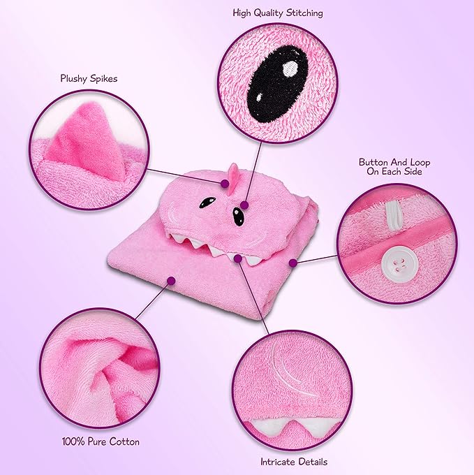 Premium Hooded Towel Poncho for Kids & Toddler - 100% Cotton (Pink Shark)