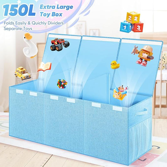 Extra Large Toy Box, Toy Box for Kids Boys Girls, Collapsible Sturdy Toy Storage Organizer with Mesh Pockets, 41"x14"x16" Kids Toy Chest Boxes Bins Baskets for Nursery, Playroom, Blue