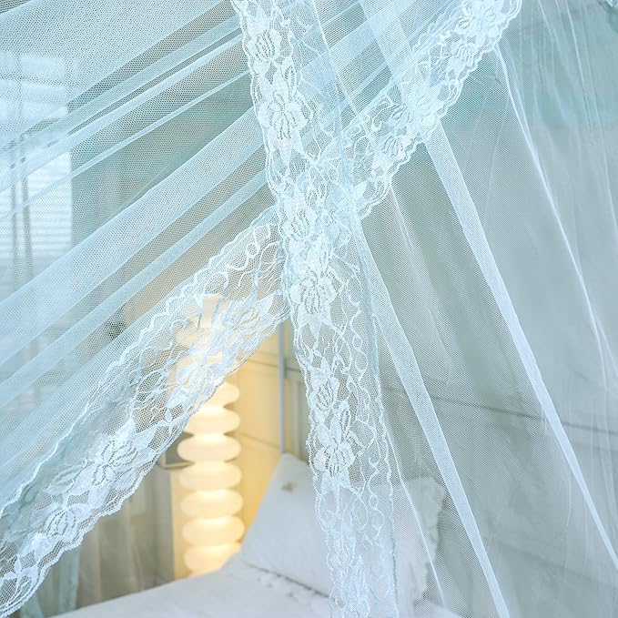 Bed Canopy, Princess Bed Curtain Net for Girls & Adults,Three-Doors Rectangle Lace Dome Netting (Green, Queen)
