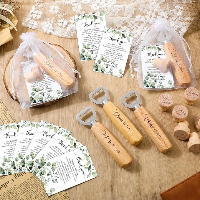 Barydat 72 Sets Wedding Favors Bulk for Guests Wine Corks Wooden Stopper Beer Bottle Opener Wedding Thank You Gift Card Organza Bag Wedding Appreciation Gifts for Bridal Shower