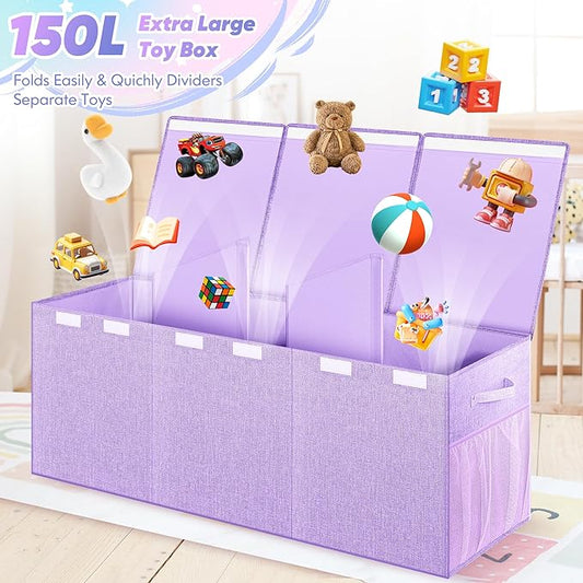 Extra Large Toy Box, Toy Box for Kids Boys Girls, Collapsible Sturdy Toy Storage Organizer with Mesh Pockets, 41"x14"x16" Kids Toy Chest Boxes Bins Baskets for Nursery, Playroom, Purple