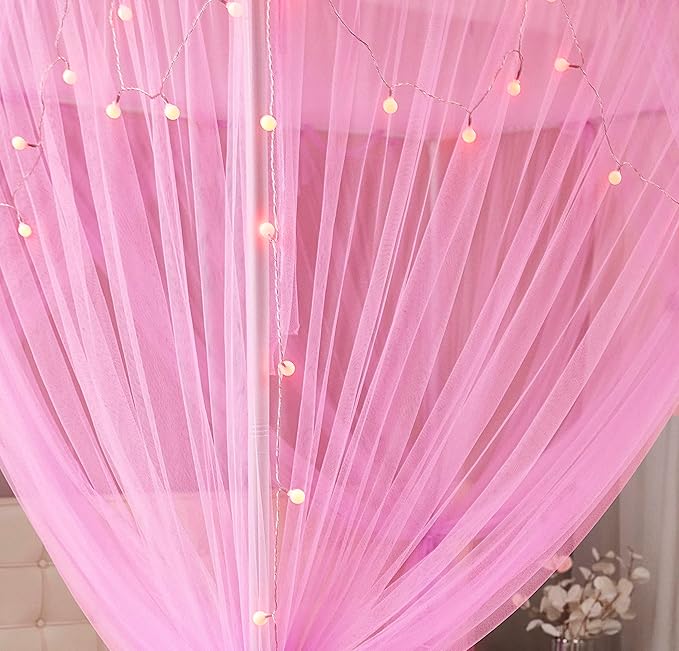 Mengersi Canopy Bed Curtains Bed Canopy with Lights for Girls, Bed Netting Unique Style 4 Door Mosquito Net for Adults Women Bedroom Decor (Pink+Lights, Twin/Twin XL)